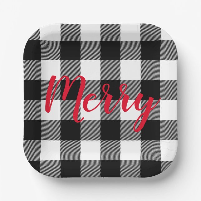Christmas Black and White Buffalo Plaid Paper Plates (Front)