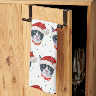 Christmas Black And White Cat Watercolor Kitchen Towel