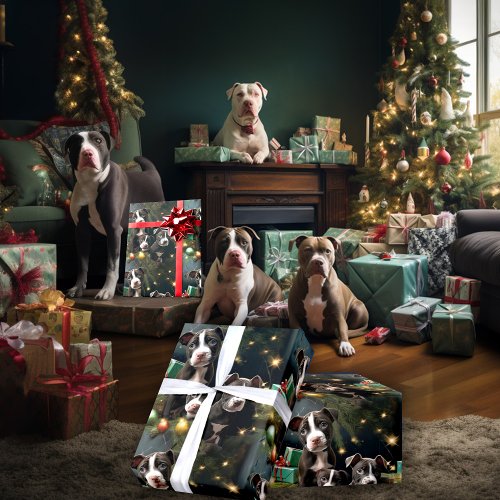 Christmas Black and White Pitbull Pups Wrapping Paper