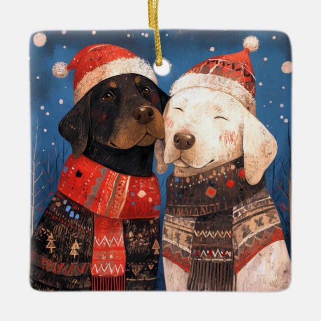 Christmas Black And Yellow Lab Friends Dog Ceramic Ornament (Front)