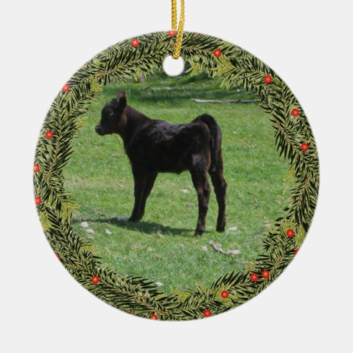 Christmas Black Angus Calf Ceramic Ornament