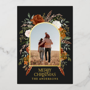 Christmas black arch floral photo elegant rustic foil holiday card