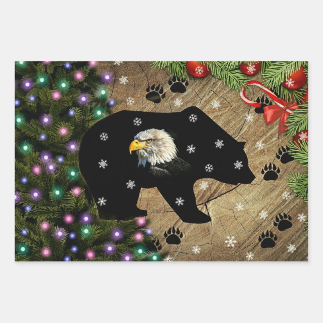 Christmas Black Bear Bald Eagle Spirit Wrapping Paper Sheets (Front)