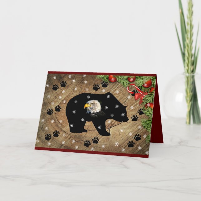 Christmas Black Bear Bald Eagle Wilderness  Holiday Card (Front)