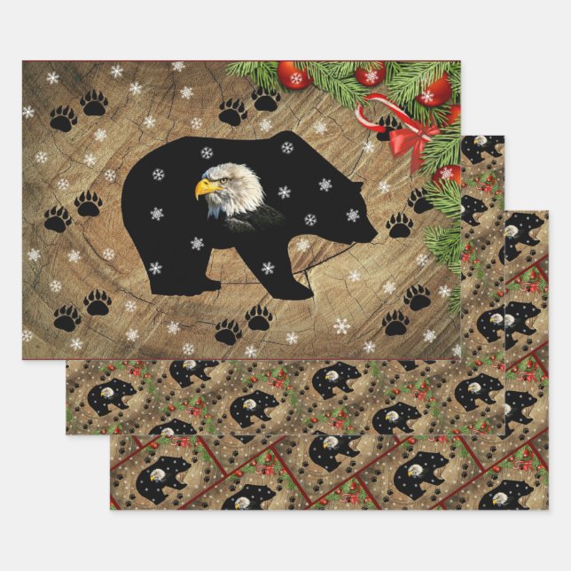Christmas Black Bear Bald Eagle Wilderness  Wrapping Paper Sheets (Set)