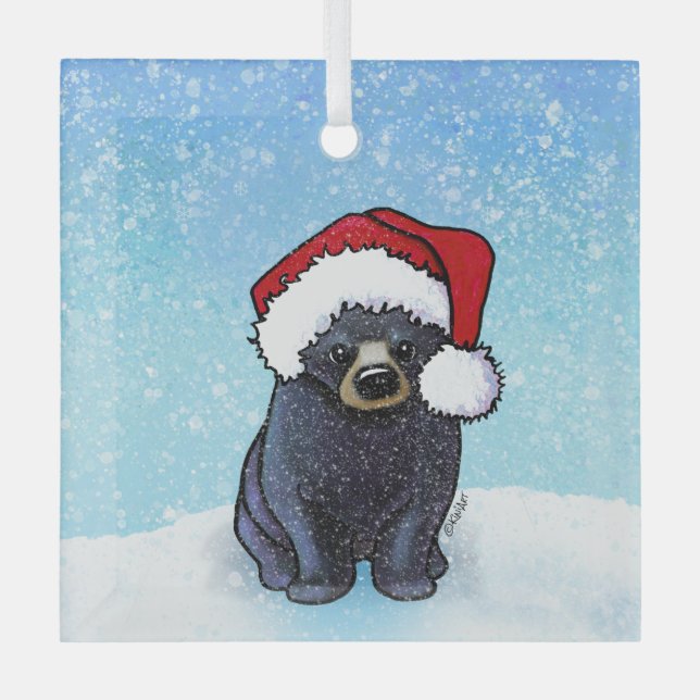 Christmas Black Bear Cub Glass Ornament (Front)