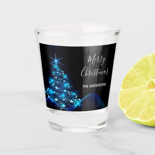 Christmas black blue modern shining tree name shot glass