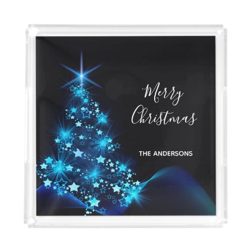 Christmas black blue modern tree family name acrylic tray