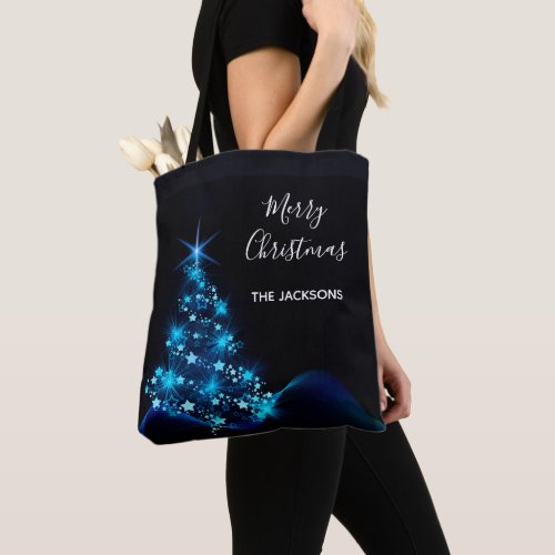 Christmas black blue shining tree family name tote bag