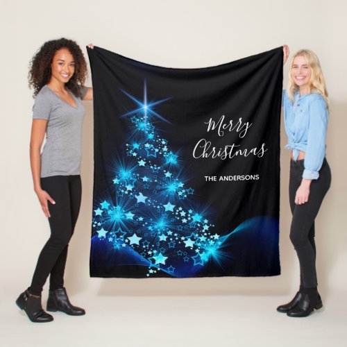 Christmas black blue tree family name fleece blanket