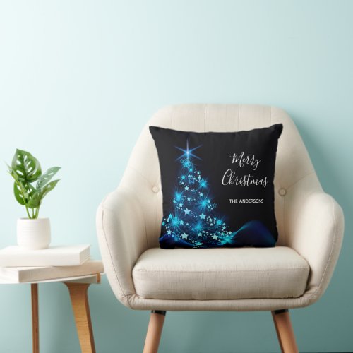 Christmas black blue tree modern elegant name throw pillow
