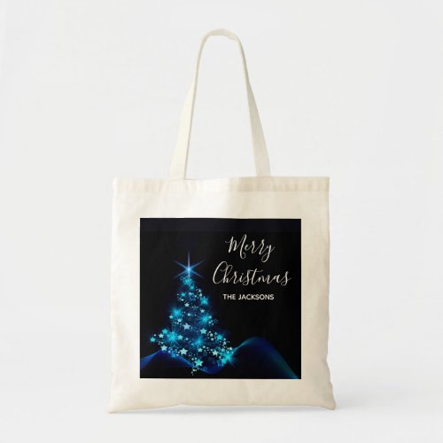 Christmas black blue tree modern name tote bag