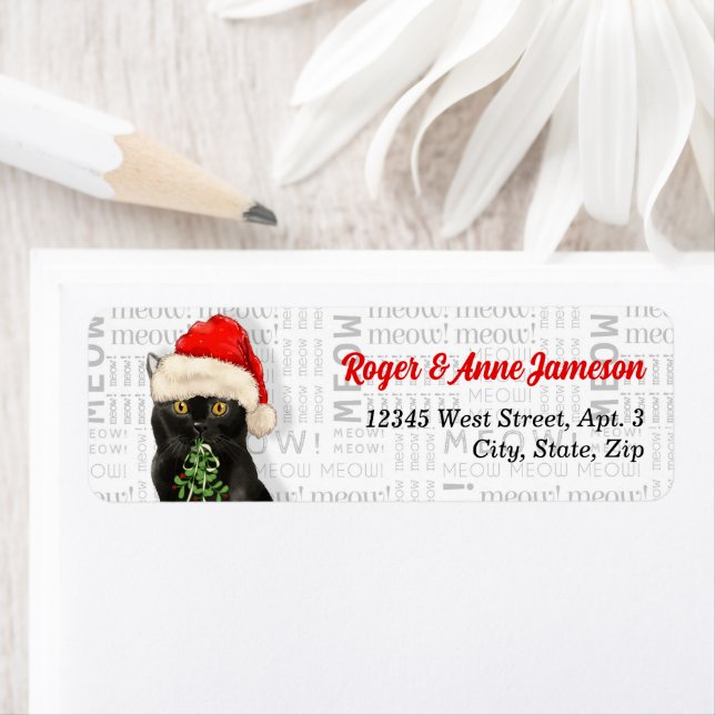 Christmas Black Bombay Cat with Name Address Label (Insitu)