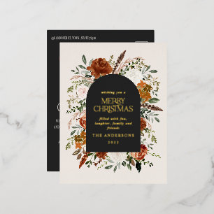 Christmas black botanical elegant stag floral foil holiday postcard