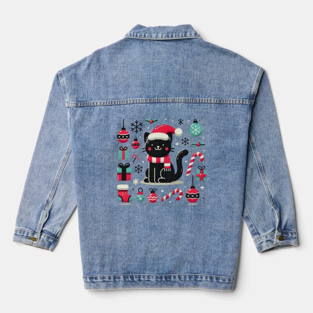 Christmas Black Cat Denim Jacket (Back)