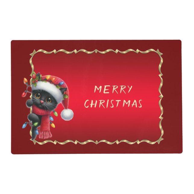 Christmas Black Cat Holiday Paper Placemat (Front)