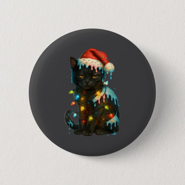 Christmas Black Cat Ice Cream Drip Santa Hat Cute  Button (Front)