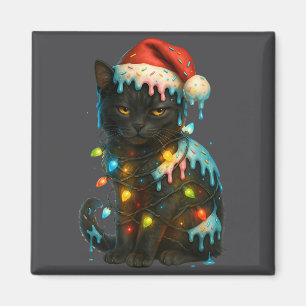 Christmas Black Cat Ice Cream Drip Santa Hat Cute  Magnet