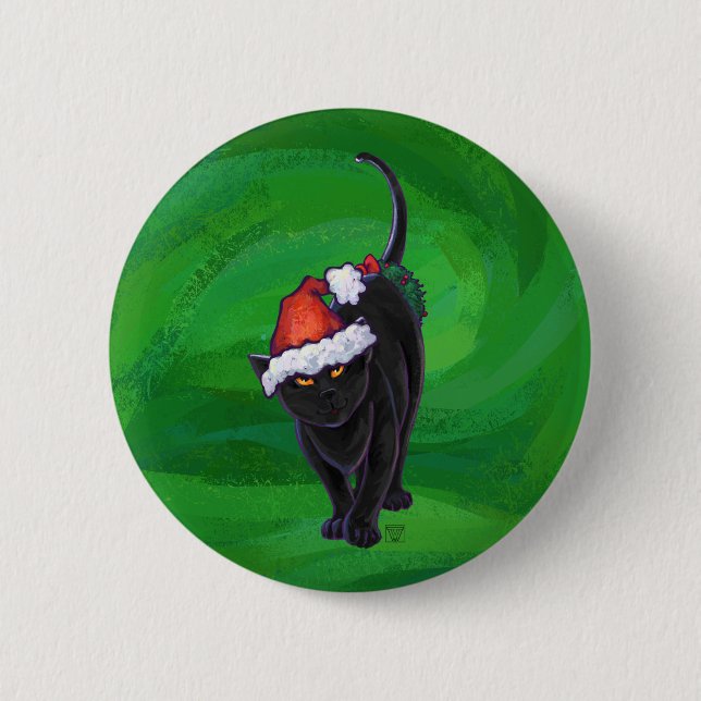 Christmas Black Cat on Green Button (Front)