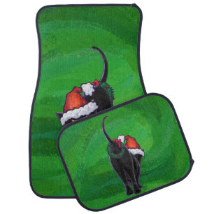 Christmas Black Cat on Green Car Mat