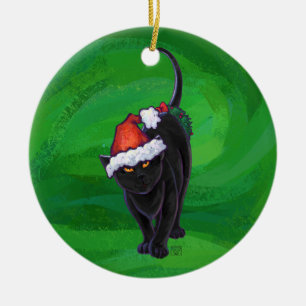 Christmas Black Cat on Green Ceramic Ornament