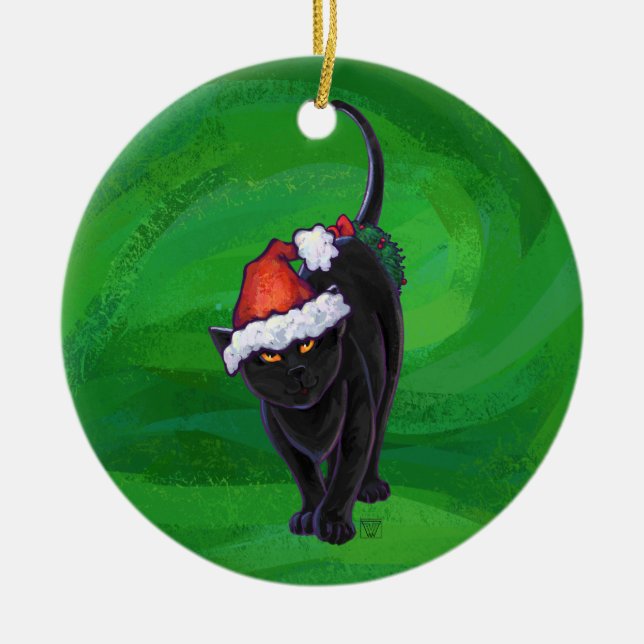 Christmas Black Cat on Green Ceramic Ornament (Front)