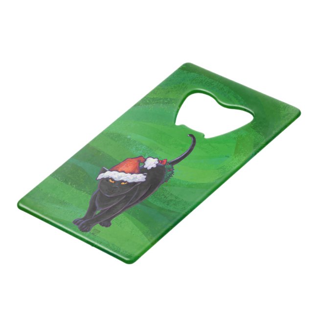 Christmas Black Cat on Green Credit Card Bottle Opener (Front Angled)
