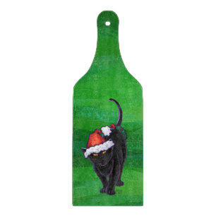 Christmas Black Cat on Green Cutting Board