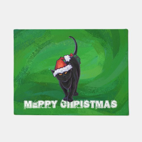 Christmas Black Cat on Green Doormat