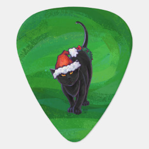 Christmas Black Cat on Green Guitar Pick
