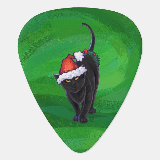 Christmas Black Cat on Green Guitar Pick (Front)