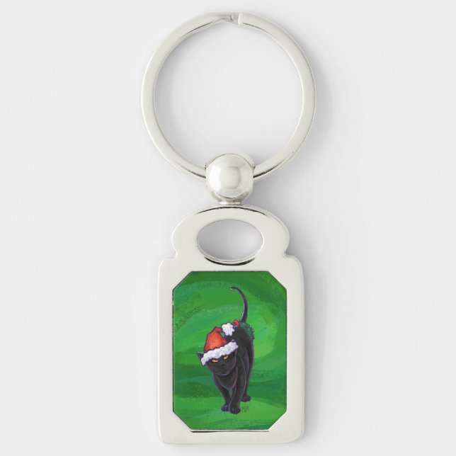 Christmas Black Cat on Green Keychain (Front)