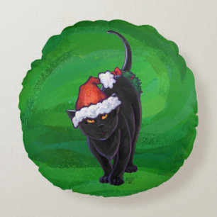 Christmas Black Cat on Green Round Pillow
