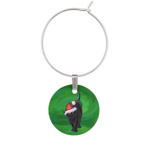 Christmas Black Cat on Green Wine Glass Charm