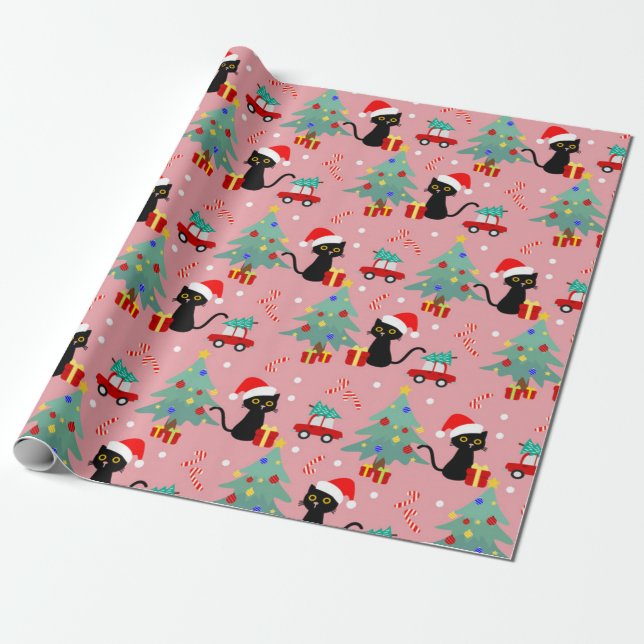 Christmas Black Cat Pattern Wrapping Paper (Unrolled)