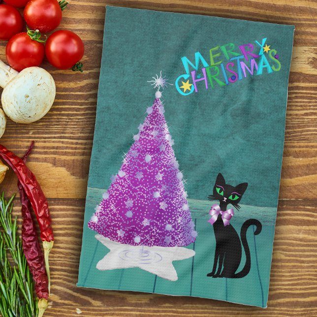 Christmas Black Cat Pink Silver Tree Teal Room Kitchen Towel (Pink silver Christmas tree black cat in teal coloured room on Merry Chrismtas kitchen towel.)