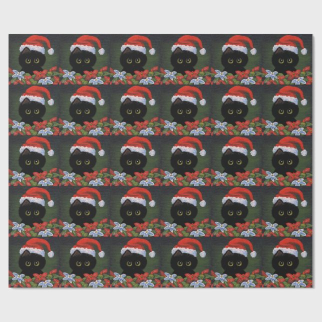 Christmas Black Cat Santa Claus Funny Creationarts Wrapping Paper (Flat)