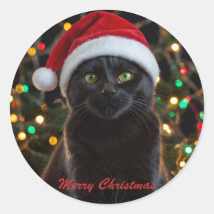Christmas Black Cat - Santa Hat Personalized photo Classic Round Sticker