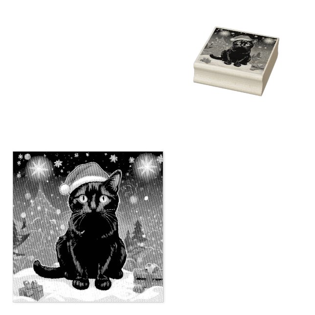 Christmas Black Cat - Santa Hat Personalized photo Rubber Stamp (Stamped)