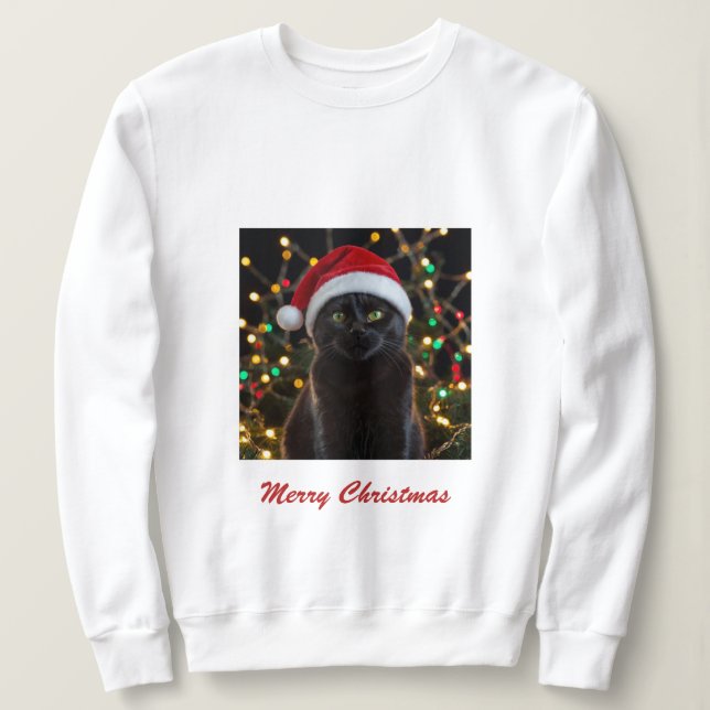 Christmas Black Cat - Santa Hat Personalized photo Sweatshirt (Design Front)