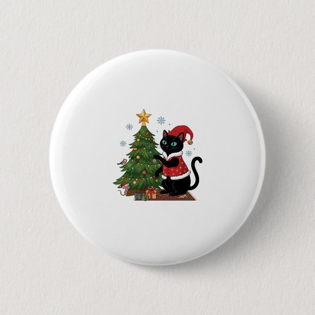 Christmas Black Cat Santa Hat Tree Mouse Button (Front)