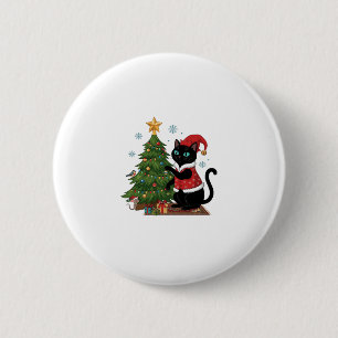 Christmas Black Cat Santa Hat Tree Mouse Button