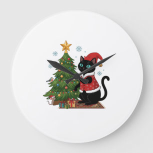 Christmas Black Cat Santa Hat Tree Mouse Large Clock