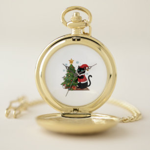 Christmas Black Cat Santa Hat Tree Mouse Pocket Watch