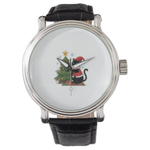 Christmas Black Cat Santa Hat Tree Mouse Watch
