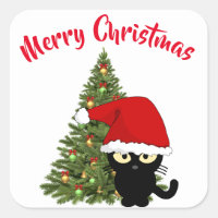 Christmas Black Cat Square Sticker