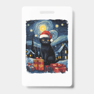 Christmas Black Cat Starry Night Van Gogh Retro Ca Badge