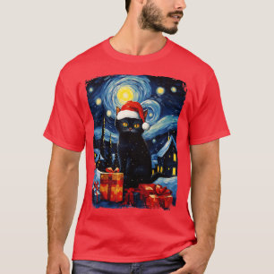 Christmas Black Cat Starry Night Van Gogh Retro Ca T-Shirt