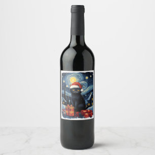 Christmas Black Cat Starry Night Van Gogh Retro Ca Wine Label