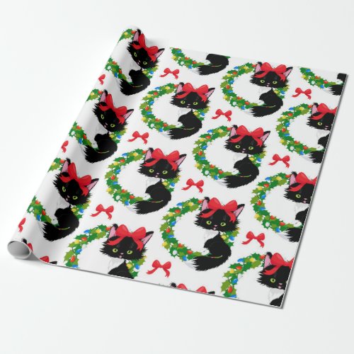 Christmas Black Cat With Red Bow Wrapping Paper